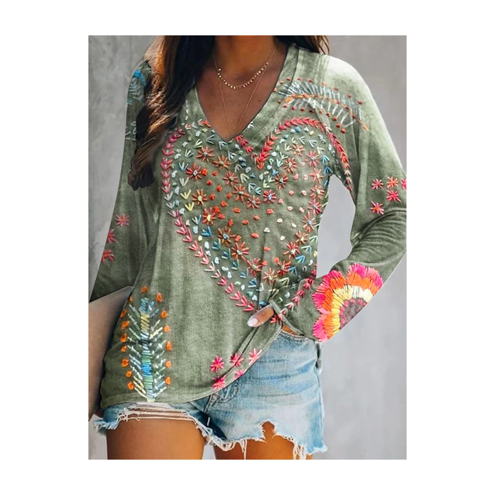Women Floral Long Sleeve Blouse Spring/Fall Printing V Neck Daily Casual Top