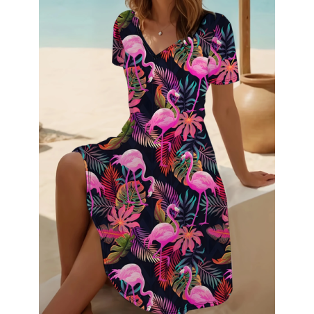 Women Flamingo Short Sleeve Summer Printing Dress V Neck Daily Casual Midi Fit & Flare Dress A-Line Dress