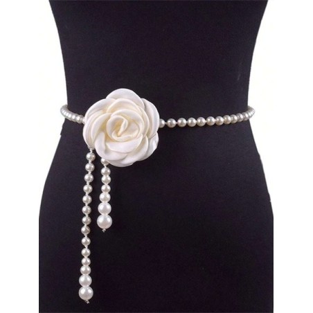 Elegant Camellia Flower Waist Chain Faux Pearls Necklace