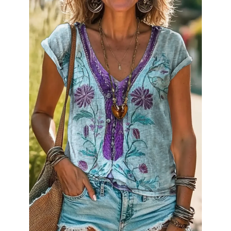 Women Floral Short Sleeve Tee T-shirt V Neck Printing Casual Summer Graphic Tee Top