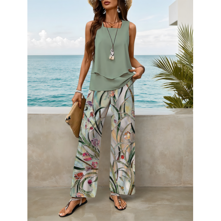 Women Floral Printing Two-Piece Set Daily Sleeveless Casual Summer Top With Pants Matching Set