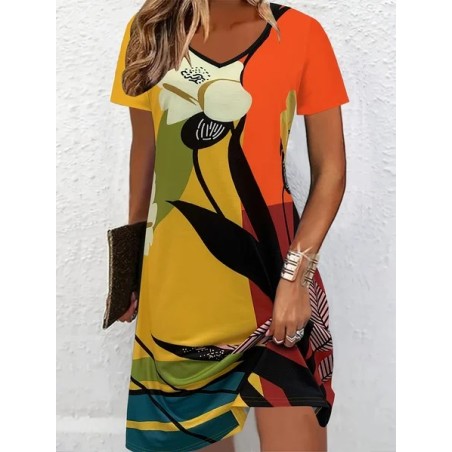 Women Abstract Short Sleeve Summer Dress V Neck Daily Casual Midi Fit & Flare Dress A-Line Dress