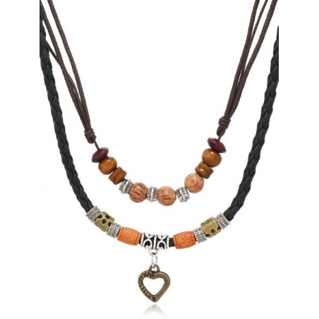 Artistic Retro Butterfly Alloy Multi-layer Wooden Beads Knotted Pullable Hand-woven Necklace