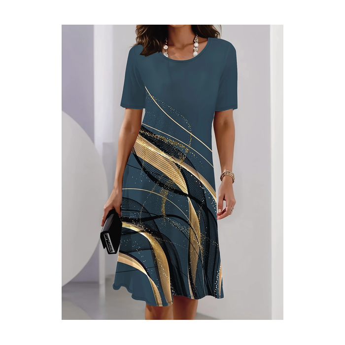 Women Abstract Short Sleeve Summer Printing Dress Crew Neck Daily Vintage Midi Tunic H-Line Dress