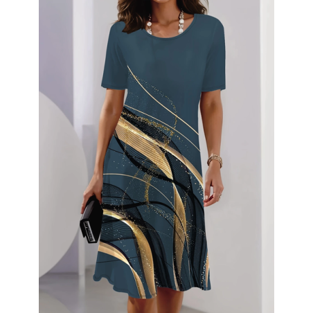 Women Abstract Short Sleeve Summer Printing Dress Crew Neck Daily Vintage Midi Tunic H-Line Dress
