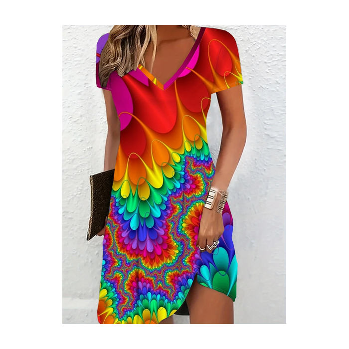 Women Abstract Short Sleeve Summer Dress V Neck Daily Casual Midi Fit & Flare Dress A-Line Dress