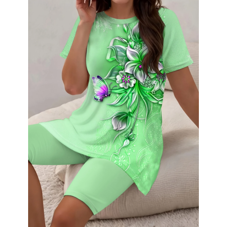 Women Floral Printing Two-Piece Set Daily Short Sleeve Casual Summer Top With Pants Matching Set