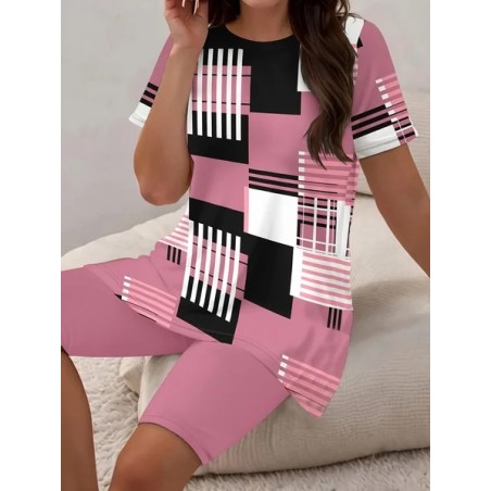 Women Abstract Stripes Printing Two-Piece Set Daily Short Sleeve Casual Summer Top With Pants Matching Set