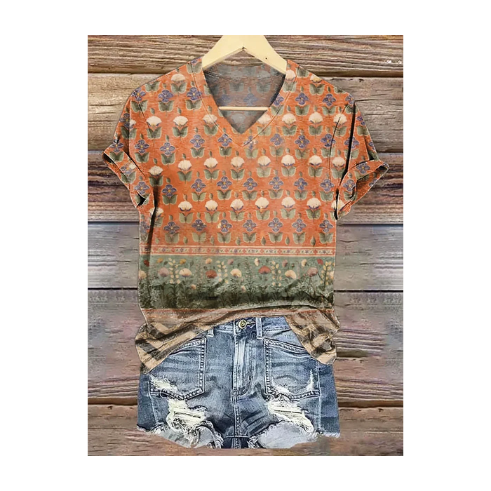 Women Floral Short Sleeve Tee T-shirt V Neck Printing Casual Summer Graphic Tee Top