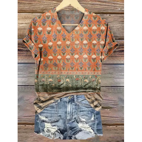 Women Floral Short Sleeve Tee T-shirt V Neck Printing Casual Summer Graphic Tee Top