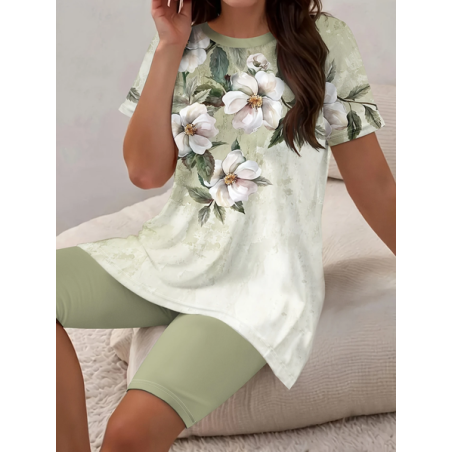 Women Floral Printing Two-Piece Set Daily Short Sleeve Casual Summer Top With Pants Matching Set