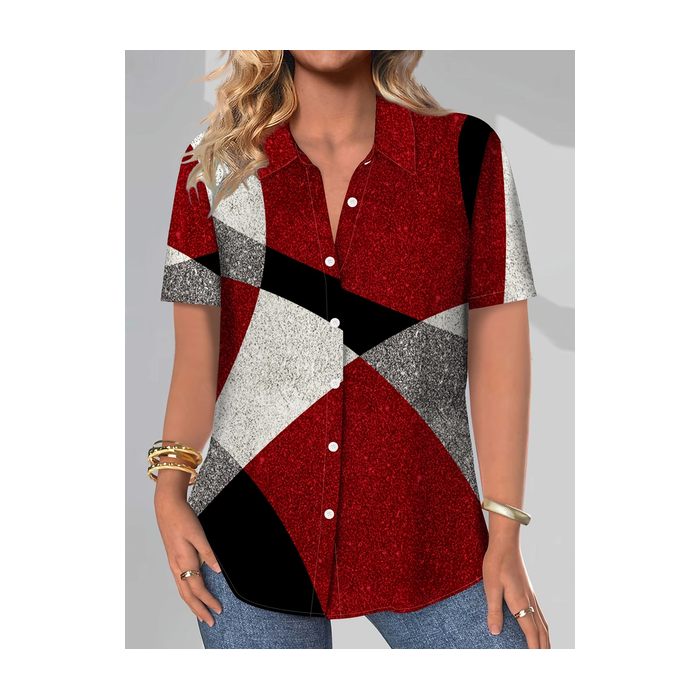Women Geometric Short Sleeve Shirt Summer Printing Shirt Collar Daily Casual Top