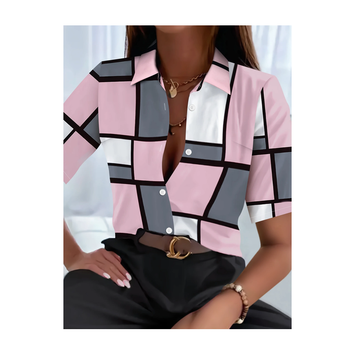 Women Plaid Short Sleeve Shirt Summer Printing Shirt Collar Daily Casual Top