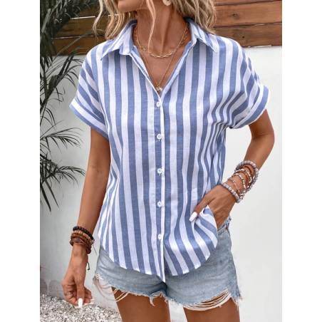 Women Striped Short Sleeve Shirt Summer Printing Shirt Collar Daily Casual Top