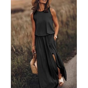 Women Plain Sleeveless Summer Split Joint Dress Crew Neck Daily Vintage Maxi Tank A-Line Dress