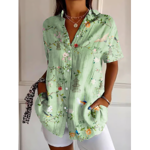 Women Floral Short Sleeve Shirt Summer Printing Shirt Collar Daily Casual Top