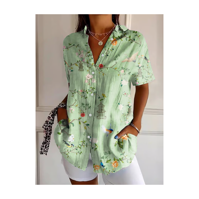 Women Floral Short Sleeve Shirt Summer Printing Shirt Collar Daily Casual Top