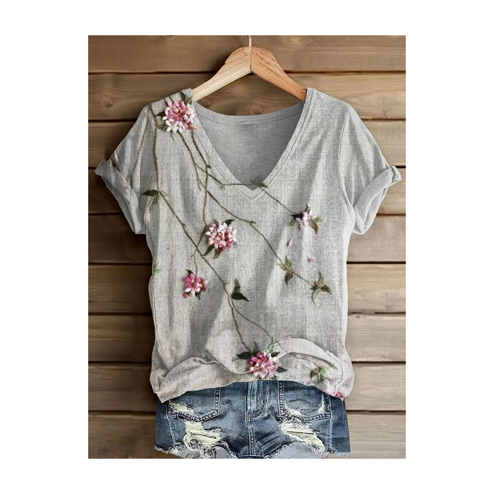 Women Floral Short Sleeve Tee T-shirt V Neck Printing Casual Summer Graphic Tee Top