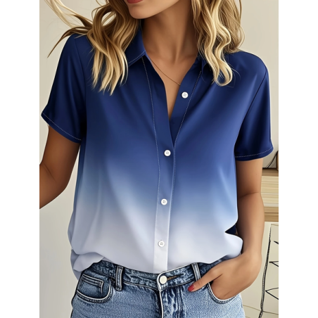 Women Ombre Short Sleeve Shirt Summer Printing Shirt Collar Daily Casual Top