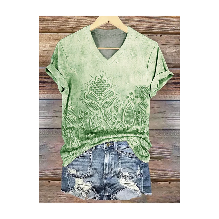 Women Floral Short Sleeve Tee T-shirt V Neck Printing Casual Summer Graphic Tee Top