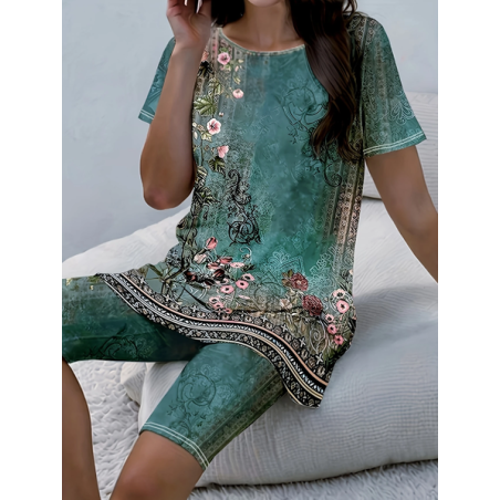 Women Floral Printing Two-Piece Set Daily Short Sleeve Casual Summer Top With Pants Matching Set