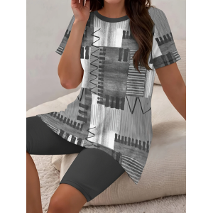 Women Abstract Printing Two-Piece Set Daily Short Sleeve Casual Summer Top With Pants Matching Set
