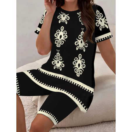 Women Abstract Printing Two-Piece Set Daily Short Sleeve Casual Summer Top With Pants Matching Set