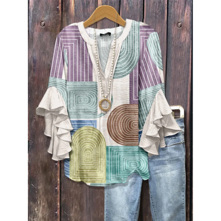 Women Abstract Half Sleeve Shirt Summer Printing V Neck Daily Casual Top