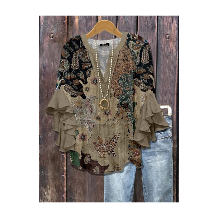 Women Floral Half Sleeve Shirt Summer Printing V Neck Daily Casual Top