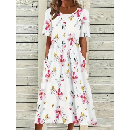 Women Floral Half Sleeve Summer Printing Dress Crew Neck Daily Casual Maxi A-Line Dress