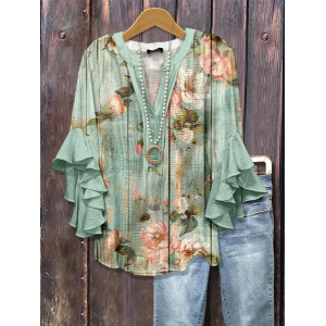 Women Floral Half Sleeve Shirt Summer Printing V Neck Daily Casual Top