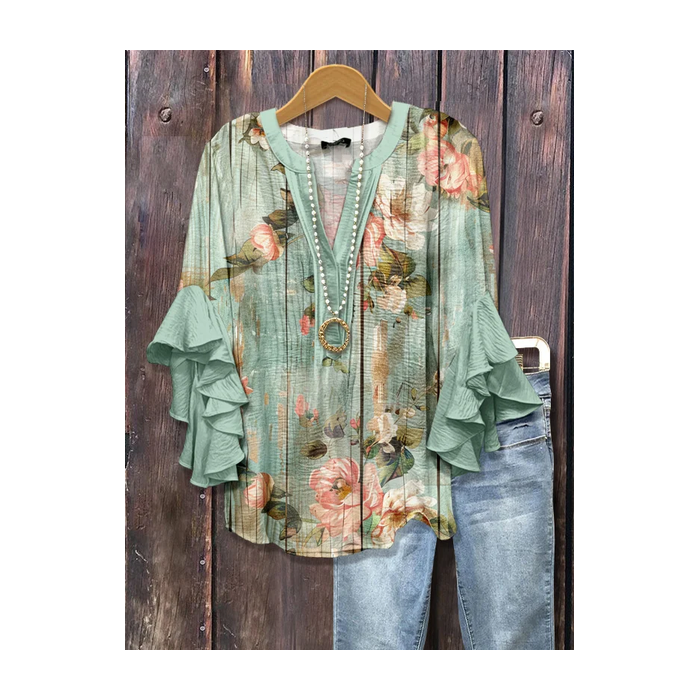 Women Floral Half Sleeve Shirt Summer Printing V Neck Daily Casual Top