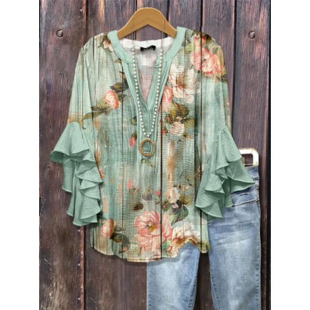 Women Floral Half Sleeve Shirt Summer Printing V Neck Daily Casual Top