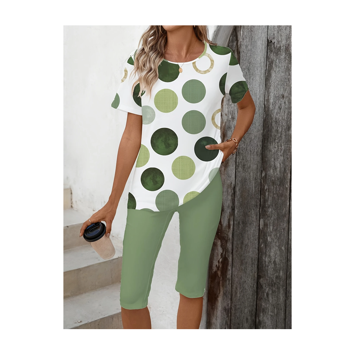 Women Polka Dots Printing Two-Piece Set Daily Short Sleeve Casual Summer Top With Pants Matching Set