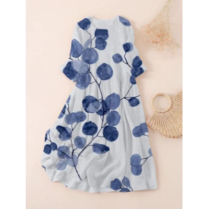 Women Floral Three Quarter Sleeve Spring/Fall Printing Dress Crew Neck Daily Casual Maxi Classic H-Line Dress