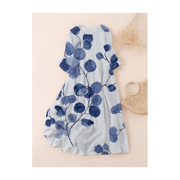 Women Floral Three Quarter Sleeve Spring/Fall Printing Dress Crew Neck Daily Casual Maxi Classic H-Line Dress