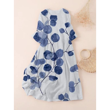 Women Floral Three Quarter Sleeve Spring/Fall Printing Dress Crew Neck Daily Casual Maxi Classic H-Line Dress