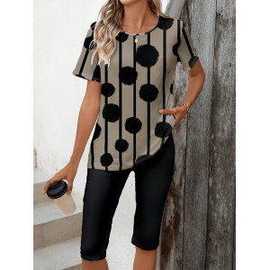 Women Polka Dots Printing Two-Piece Set Daily Short Sleeve Casual Summer Top With Pants Matching Set