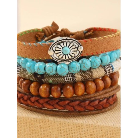 Turquoise Summer New Hot Sale Simple Fashion Bohemian Small Flower Style Turquoise Beaded Wooden Bead Five-piece Bracelet