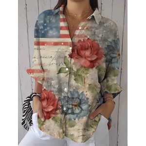 Women Floral Three Quarter Sleeve Shirt Spring/Fall Printing Shirt Collar Daily Casual Top