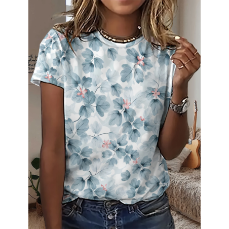 Women Floral Short Sleeve Tee T-shirt Crew Neck Printing Casual Summer Graphic Tee Top