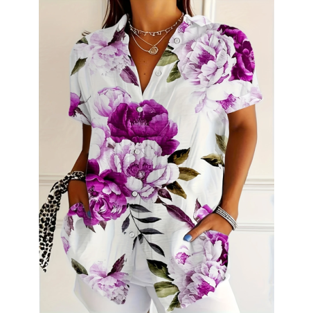 Women Floral Short Sleeve Shirt Summer Printing Shirt Collar Daily Casual Top