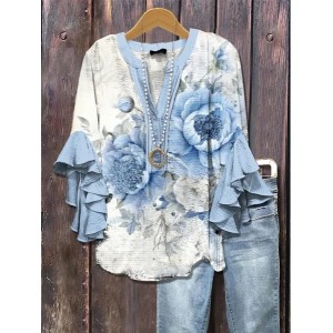Women Floral Half Sleeve Shirt Summer Printing V Neck Daily Casual Top