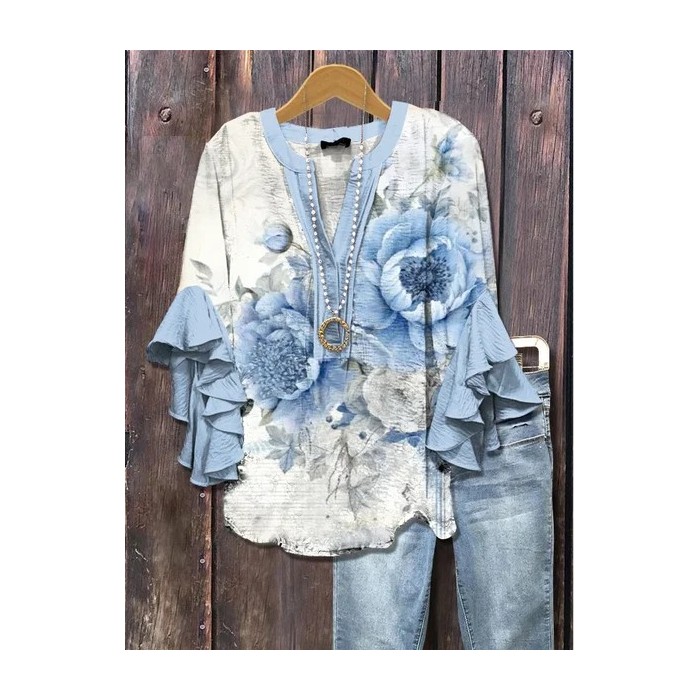 Women Floral Half Sleeve Shirt Summer Printing V Neck Daily Casual Top