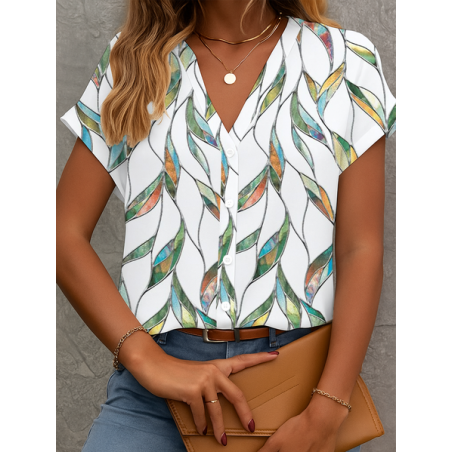 Women Floral Short Sleeve Shirt Summer Printing V Neck Daily Casual Top