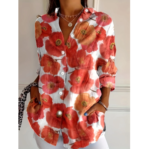 Women Floral Long Sleeve Shirt Spring/Fall Buckle Shirt Collar Daily Casual Top
