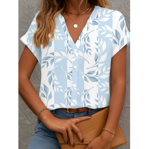 Women Floral Short Sleeve Shirt Summer Printing V Neck Daily Casual Top