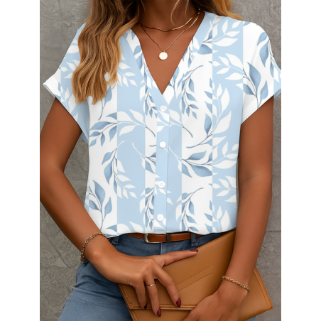 Women Floral Short Sleeve Shirt Summer Printing V Neck Daily Casual Top