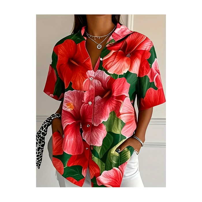 Women Floral Short Sleeve Shirt Summer Printing Shirt Collar Daily Casual Top