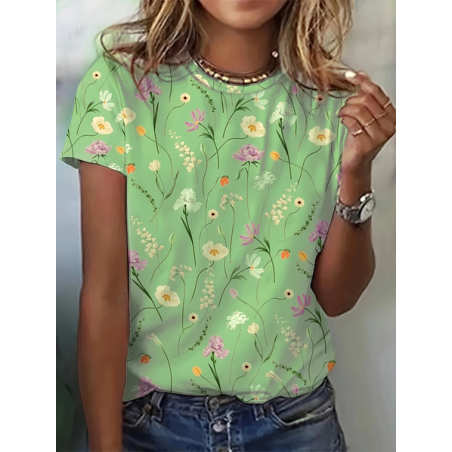Women Floral Short Sleeve Tee T-shirt Crew Neck Printing Casual Summer Graphic Tee Top